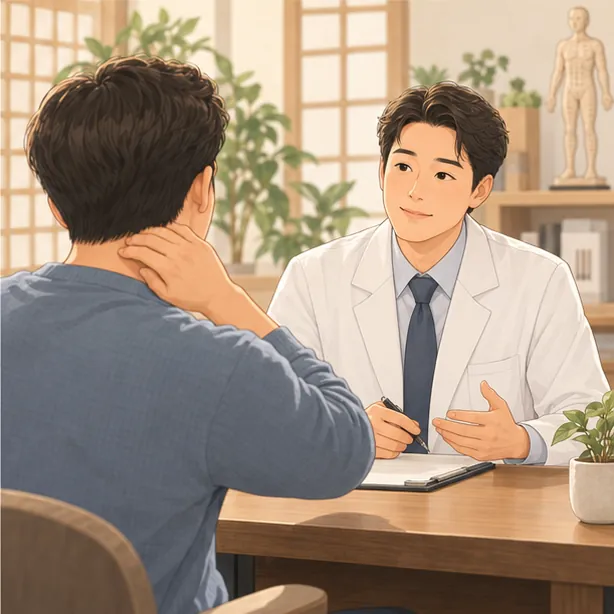 한의원 진료실에서 한의사에게 목 통증을 설명하는 30대 남성