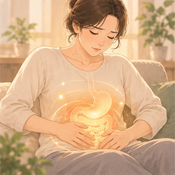 배 부분에서 은은한 빛이 나는 사람 실루엣