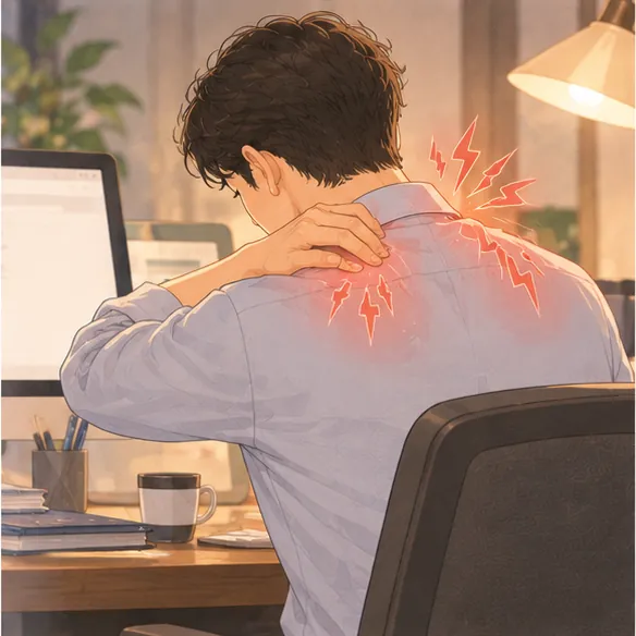 어깨가 잔뜩 굳은 채 컴퓨터 앞에 앉은 사람