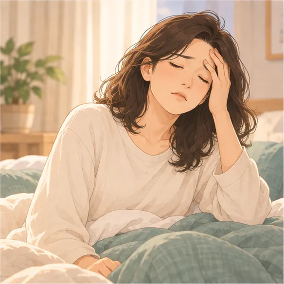 오래 자고 일어났는데도 개운하지 않아 머리를 짚는 사람