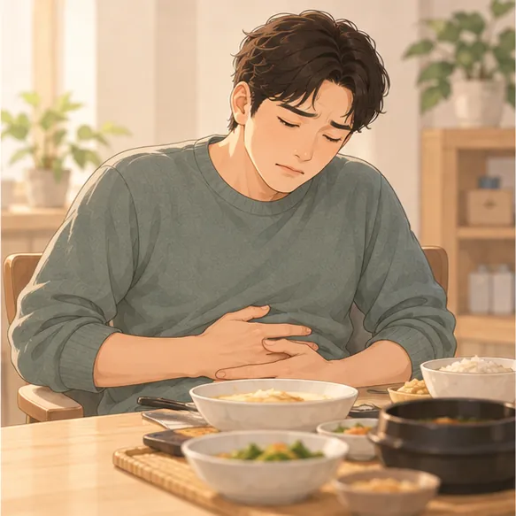 밥을 먹고 나서 배를 붙잡고 기운 없이 앉아 있는 사람