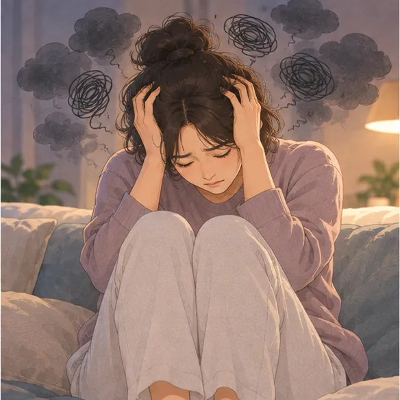 스트레스로 머리를 감싸고 앉은 사람 주변의 어두운 구름