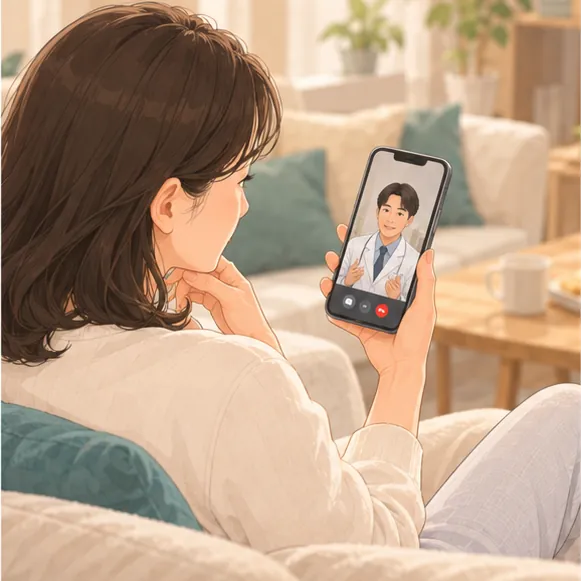 집 소파에서 스마트폰으로 한의사와 영상 상담하는 30대 여성(화면 속 의사는 작게)
