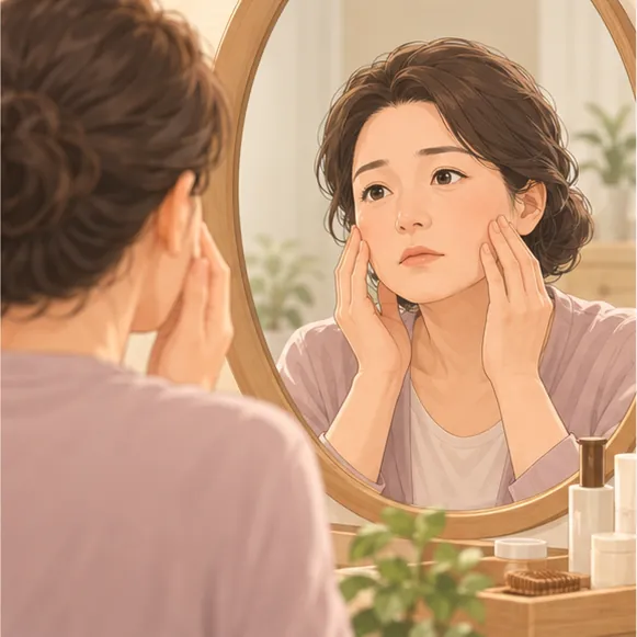 거울 앞에서 부은 얼굴을 살피는 50대 여성