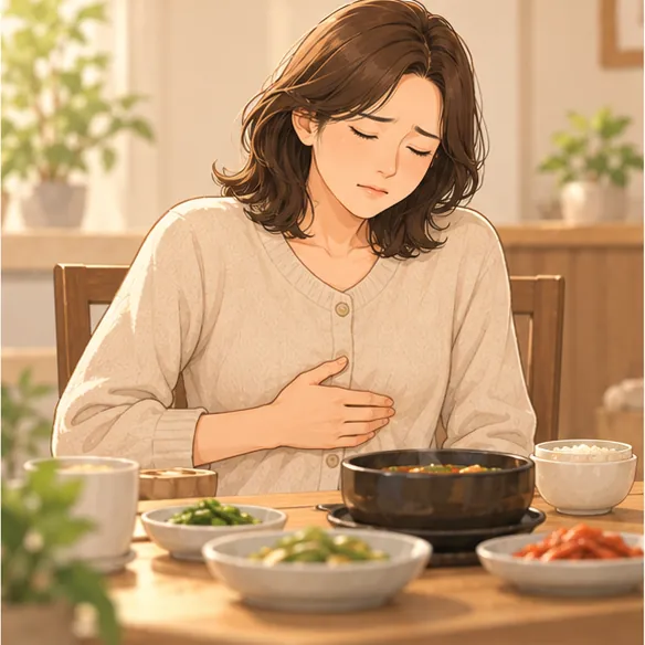 식탁 앞에서 명치를 누르며 불편해하는 사람