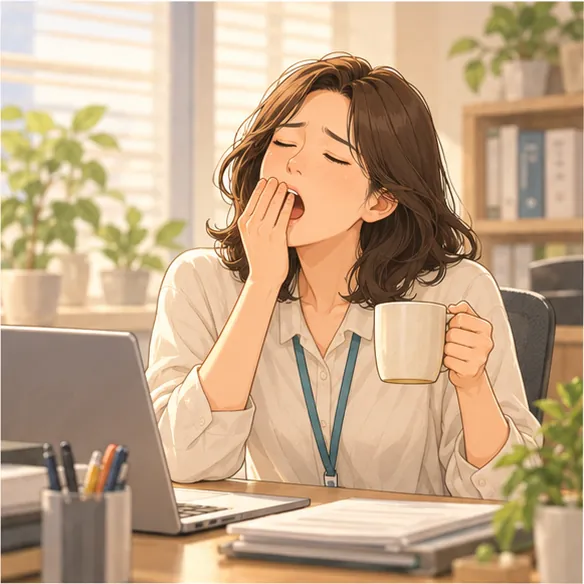 하품하며 커피를 든 지친 직장인