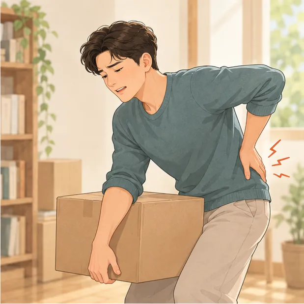 상자를 들다 허리를 짚는 남성