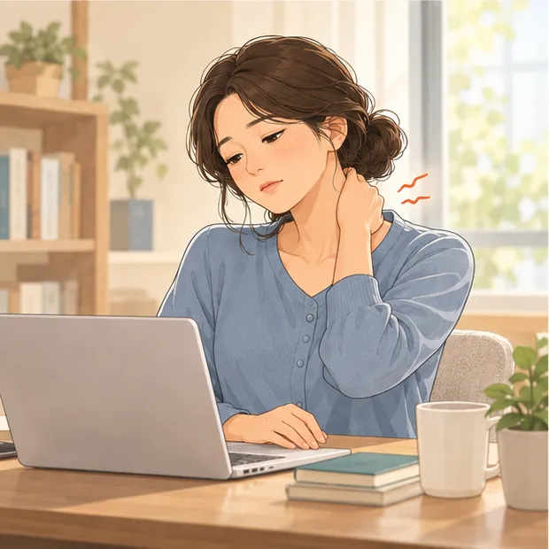 노트북 앞에서 목 뒤를 주무르는 여성