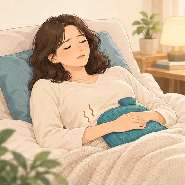 따뜻한 물주머니를 배에 대고 누운 여성