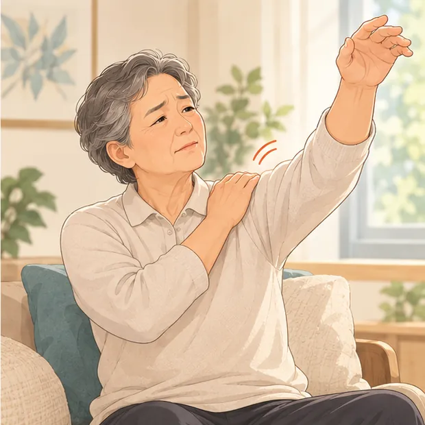팔을 위로 올리지 못하고 어깨를 붙잡는 60대