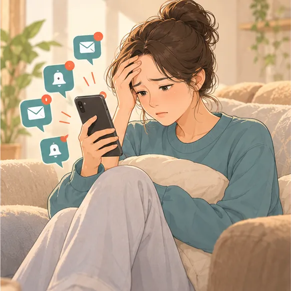 여러 알림이 뜬 휴대폰을 보며 이마를 짚는 사람