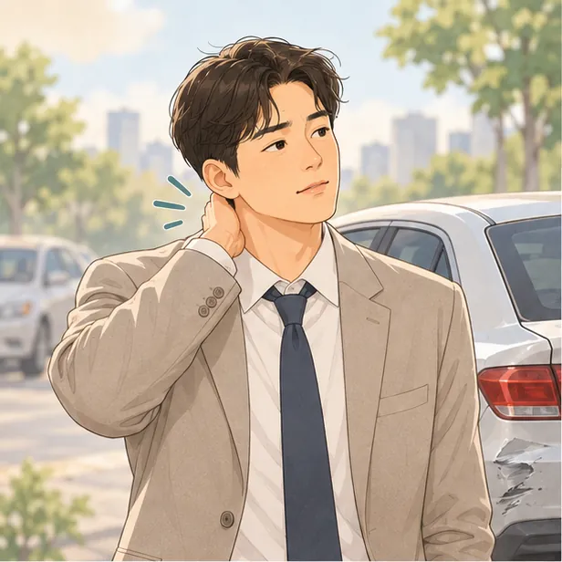 교통사고 뒤 목을 붙잡고 불편해하는 30대 남성