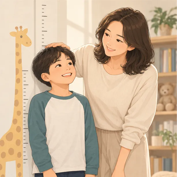 벽 키재기 눈금 옆에서 웃으며 서 있는 초등학생 아이와 엄마