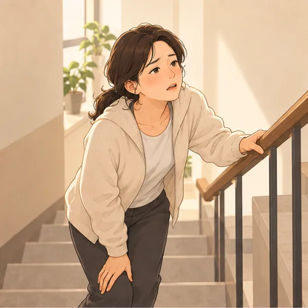 계단을 오르다 난간을 잡고 숨을 고르는 사람