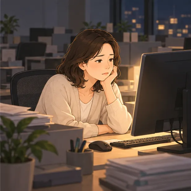 텅 빈 사무실에서 늦게까지 모니터를 보는 사람