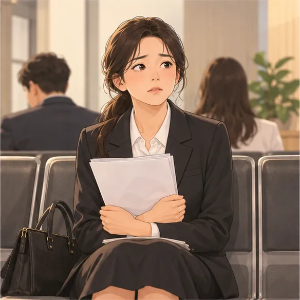 면접 전 대기실에서 서류를 들고 긴장한 20대 여성