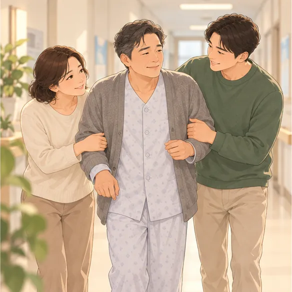 병원에서 퇴원해 가족 부축을 받으며 걷는 중년 남성