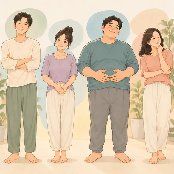 서로 다른 체형의 네 사람이 나란히 서 있는 모습(사상체질 느낌