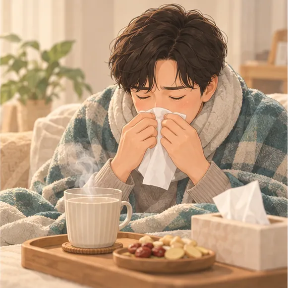 코를 훌쩍이며 휴지를 든 사람
