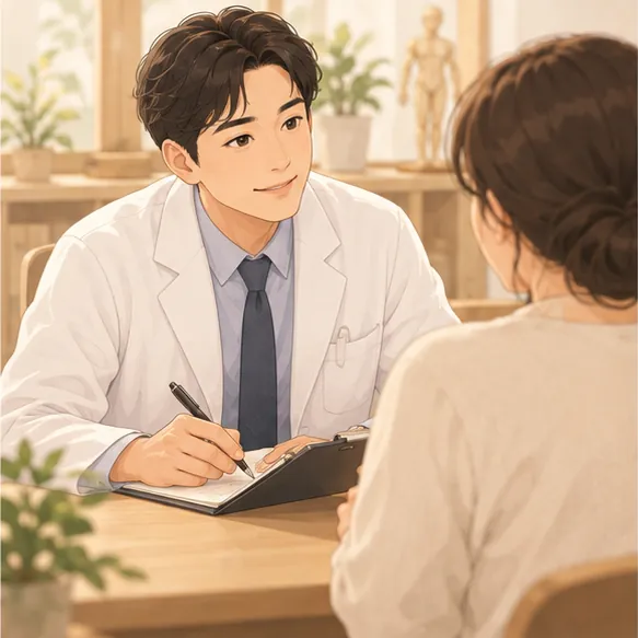 한의사가 환자 이야기를 들으며 문진표에 메모하는 장면