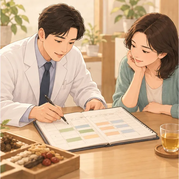 한의사와 환자가 마주 앉아 하루 일과표를 함께 보는 상담 장면