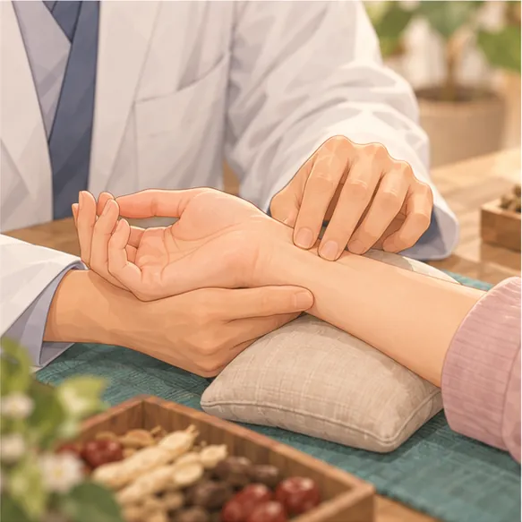 한의사가 환자의 손목에 손가락을 얹어 진맥하는 장면(손 위주 클로즈업)