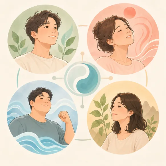 네 개의 원 안에 서로 다른 체질의 사람 아이콘이 배치된 부드러운 인포그래픽(글자 없음)