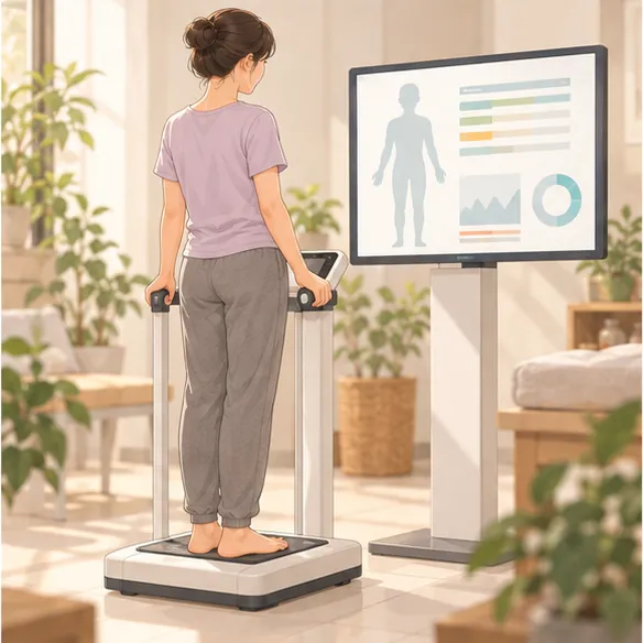 체성분 측정기 위에 올라선 사람과 옆 모니터 그래프(글자·숫자 없음)