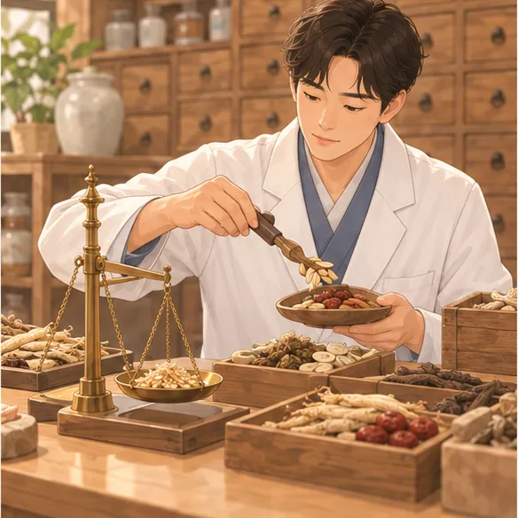 한약재를 저울에 달아 조제하는 약재실 장면