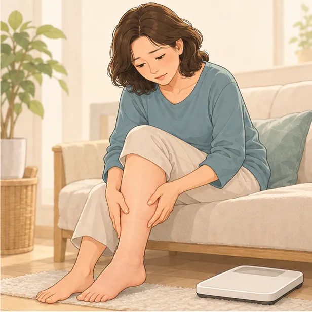부은 다리를 쓰다듬는 50대 여성