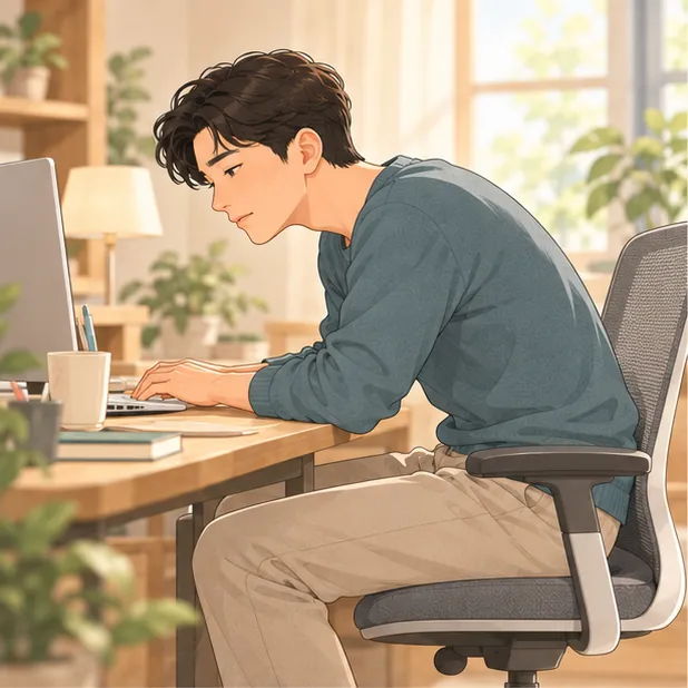 구부정하게 오래 앉아 모니터를 보는 사람