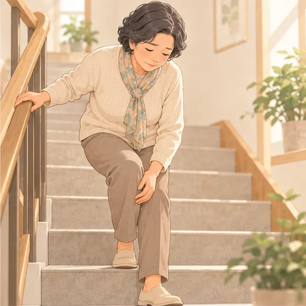 무릎을 짚고 천천히 계단을 내려가는 60대
