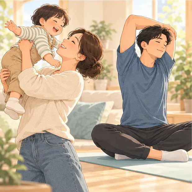 아이를 안아 올리는 부모와 운동 후 스트레칭하는 사람