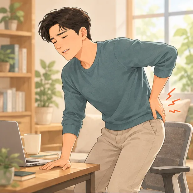 오래 앉았다 일어나며 허리·엉덩이를 짚는 사람