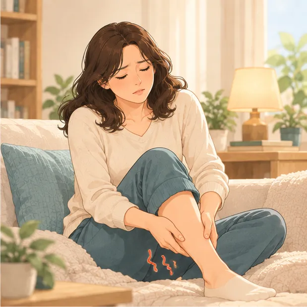다리를 쓰다듬으며 저림을 느끼는 사람