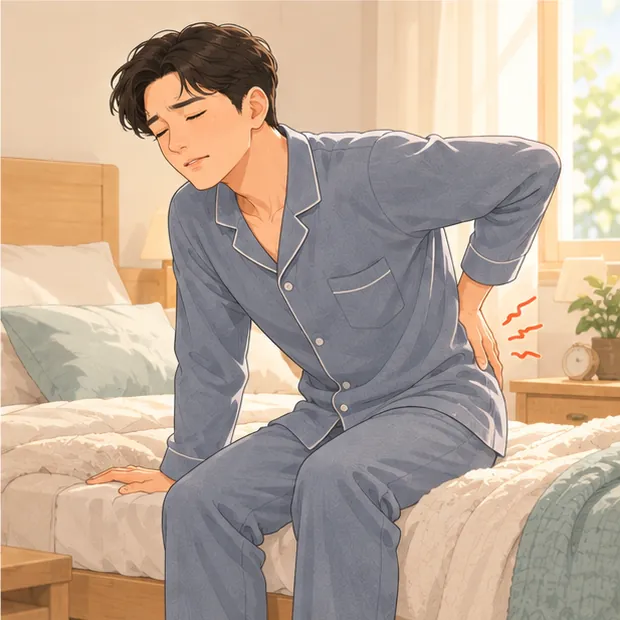 아침에 침대에서 일어나며 허리를 펴는 사람