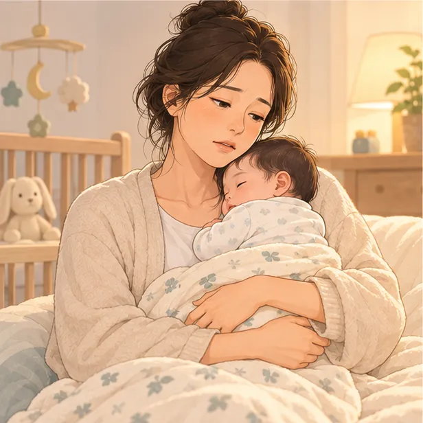 아기를 안은 채 야윈 모습으로 지친 산모