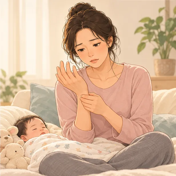 아기 옆에서 부은 손을 살피는 산모