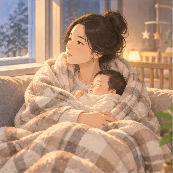 창가에서 손발이 차가워 담요를 덮은 산모와 잠든 아기