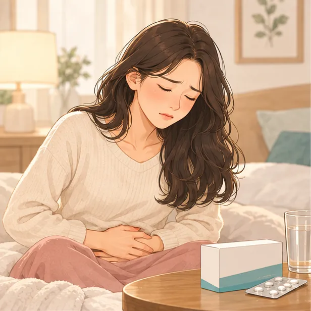 아랫배를 감싸 쥐고 괴로워하는 20대 여성