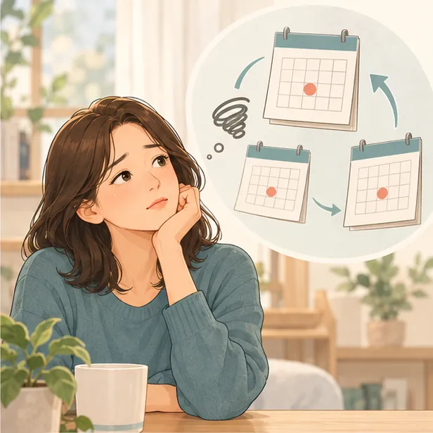 달력의 매달 같은 날짜에 표시가 된 것을 보며 한숨 쉬는 여성