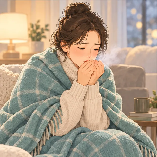 담요를 두르고 차가운 손을 호호 부는 여성