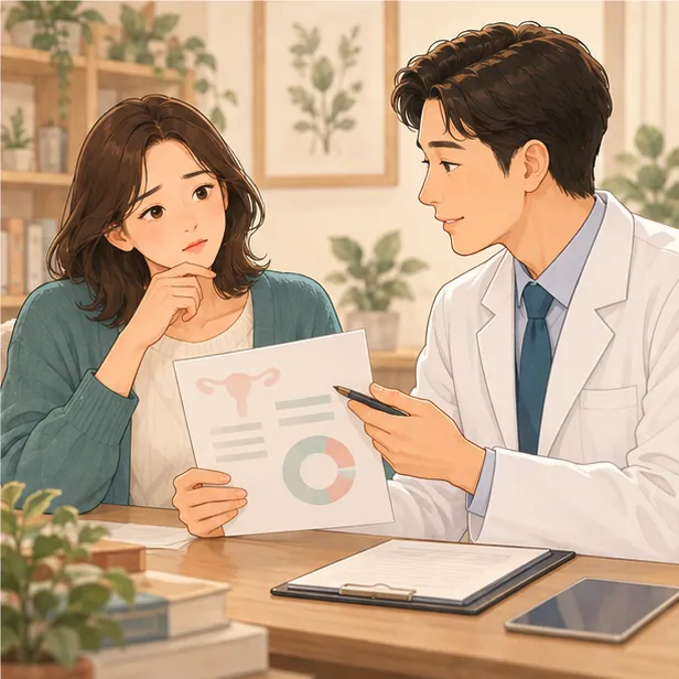 검사 결과지를 들고 갸웃하는 여성과 한의사 상담